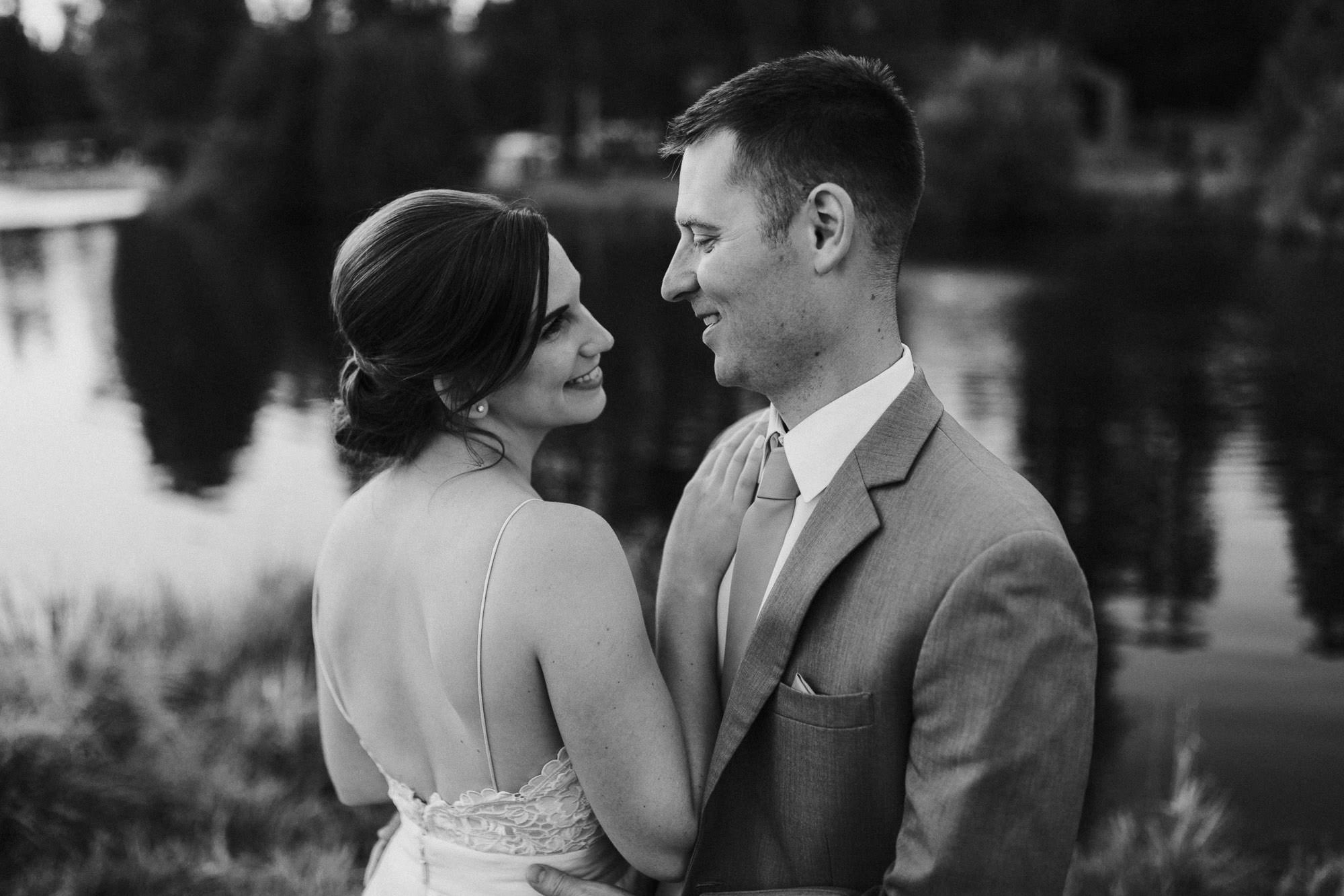 Bride and groom pose for a portrait at Black Butte Ranch