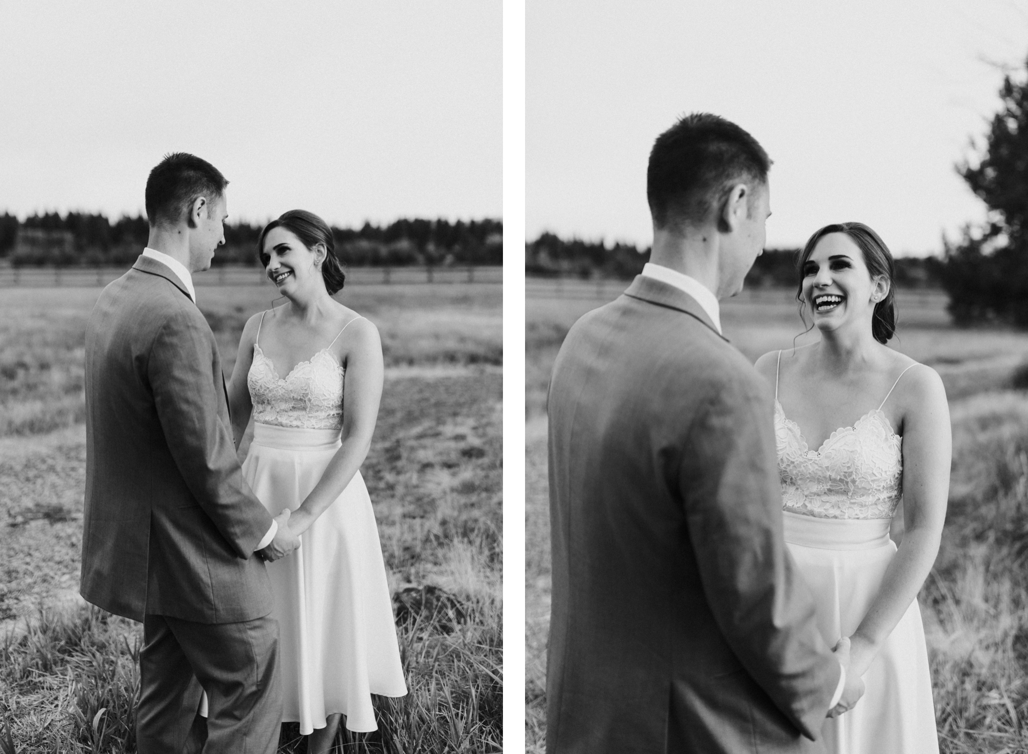 Bride and groom laugh and hold hands in a field at Black Butte Ranch