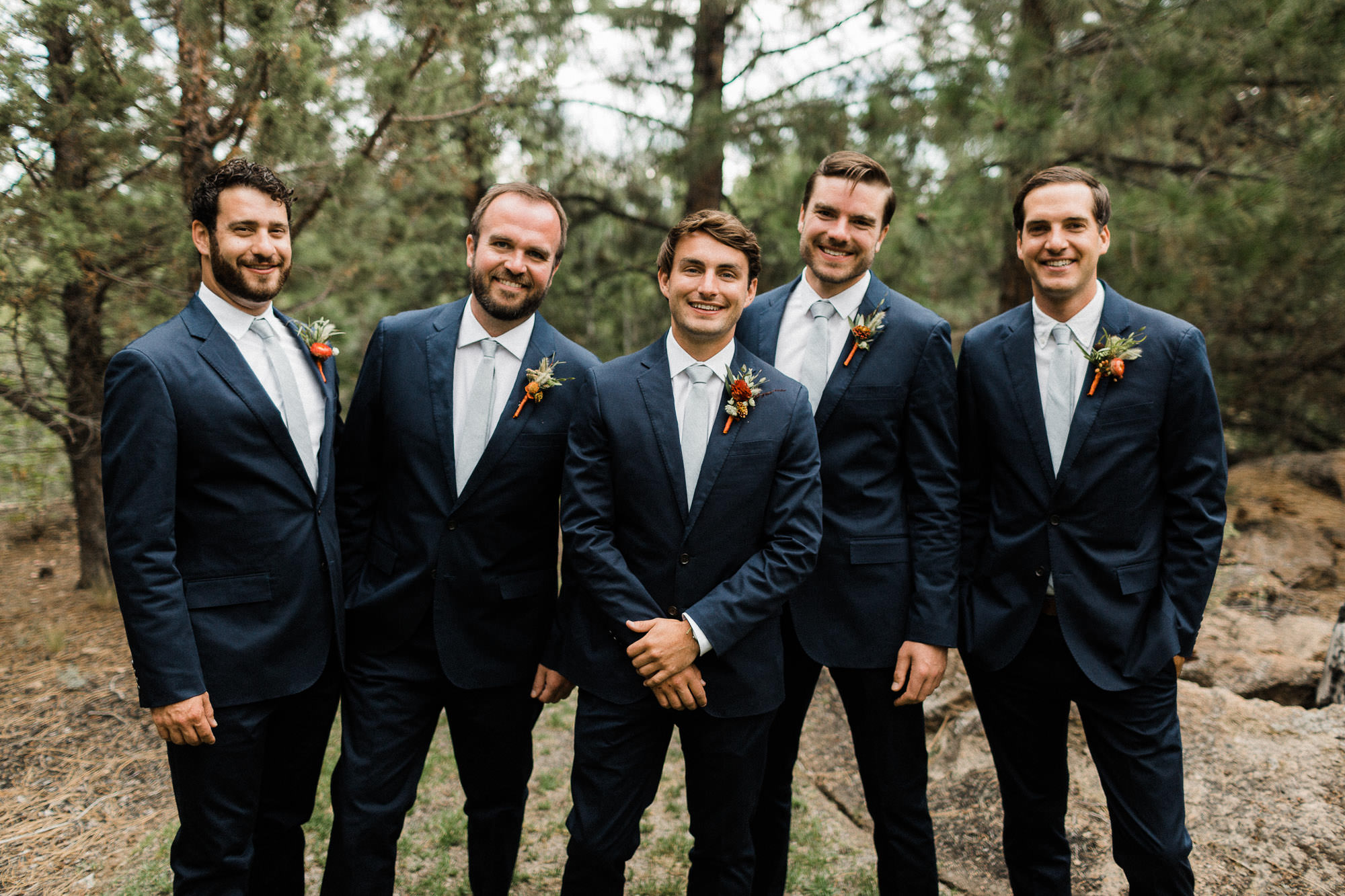 Groomsmen pose in Bend, Oregon