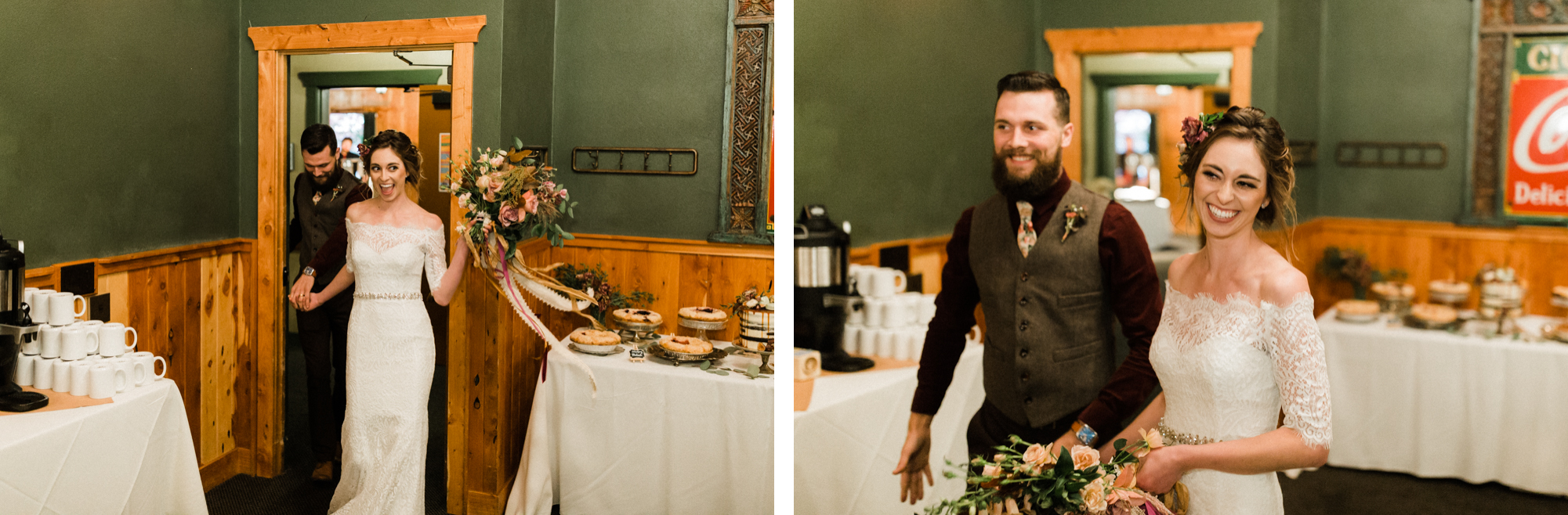 Bride and groom make their grand entrance at McMenamin's Old St. Francis School in Bend, Oregon