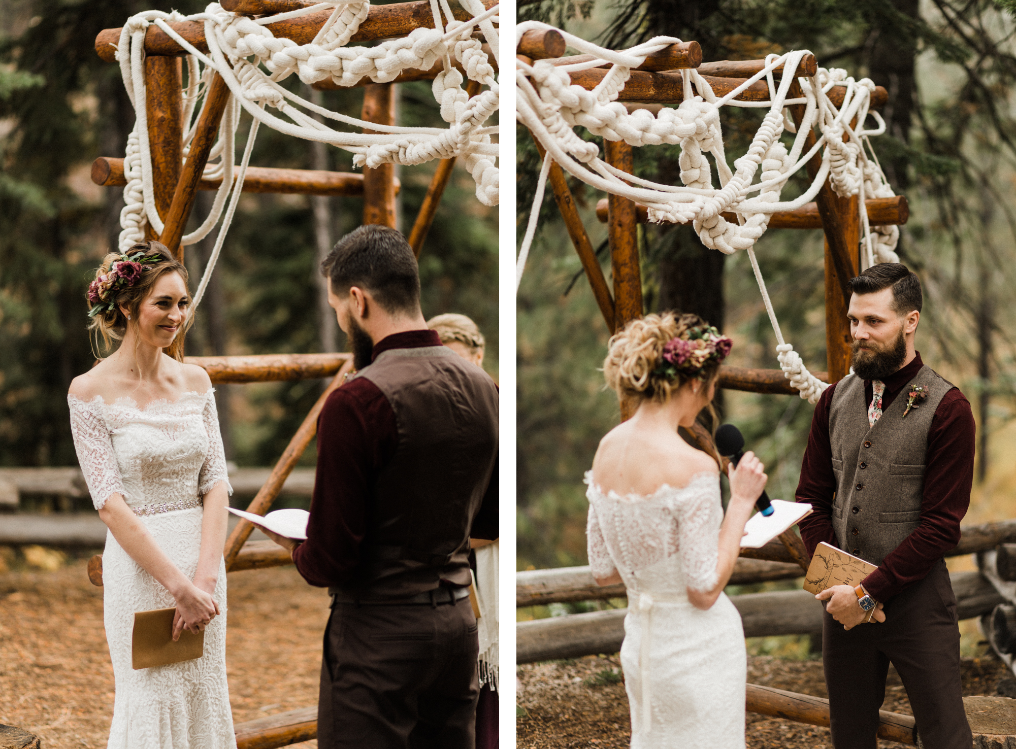 Bride and groom read their vows to each other at Skyliner Lodge in Bend, Oregon