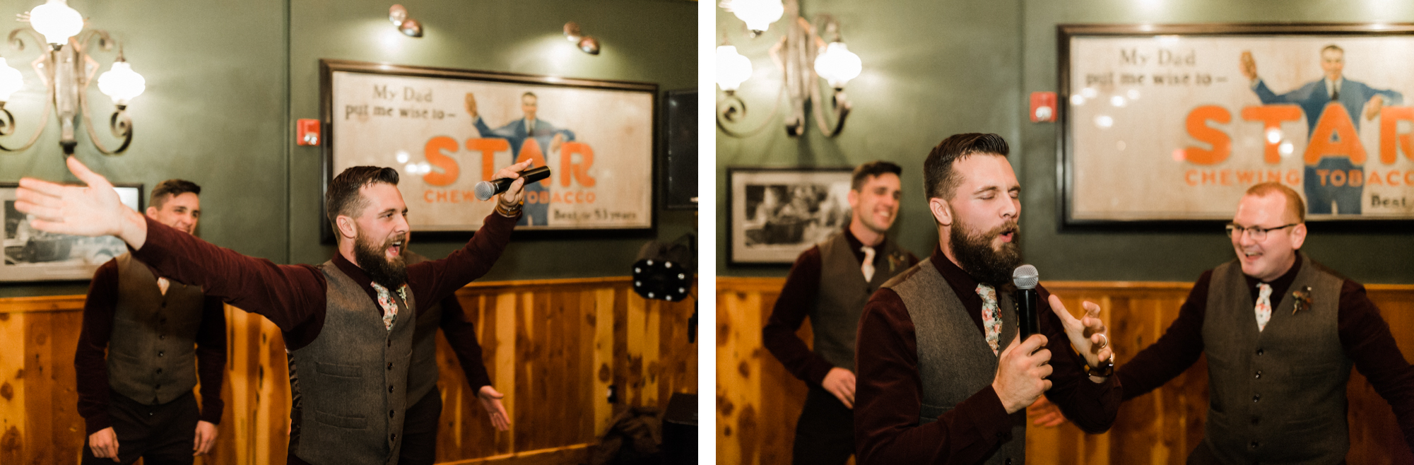 Groom lip syncs to a song at wedding reception at McMenamin's in Bend, Oregon