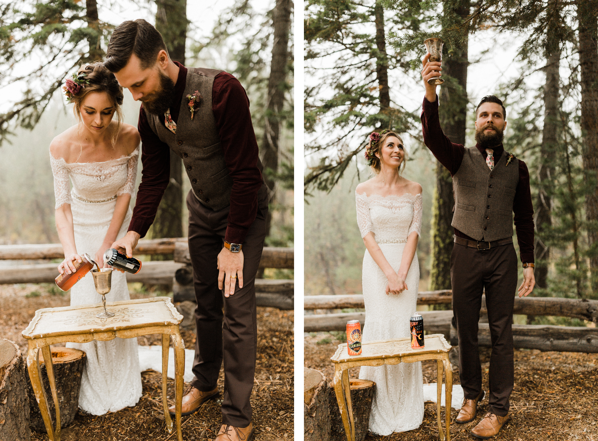Bride and groom pour two beers into one cup during ceremony