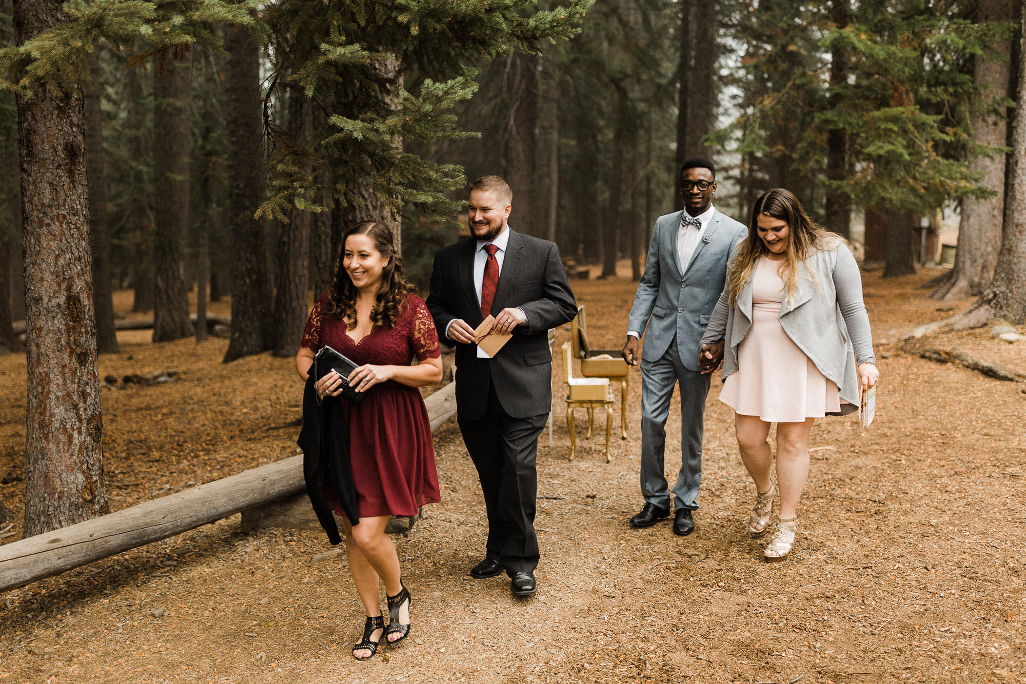 Guests arrive at the wedding ceremony at Skyliner Lodge