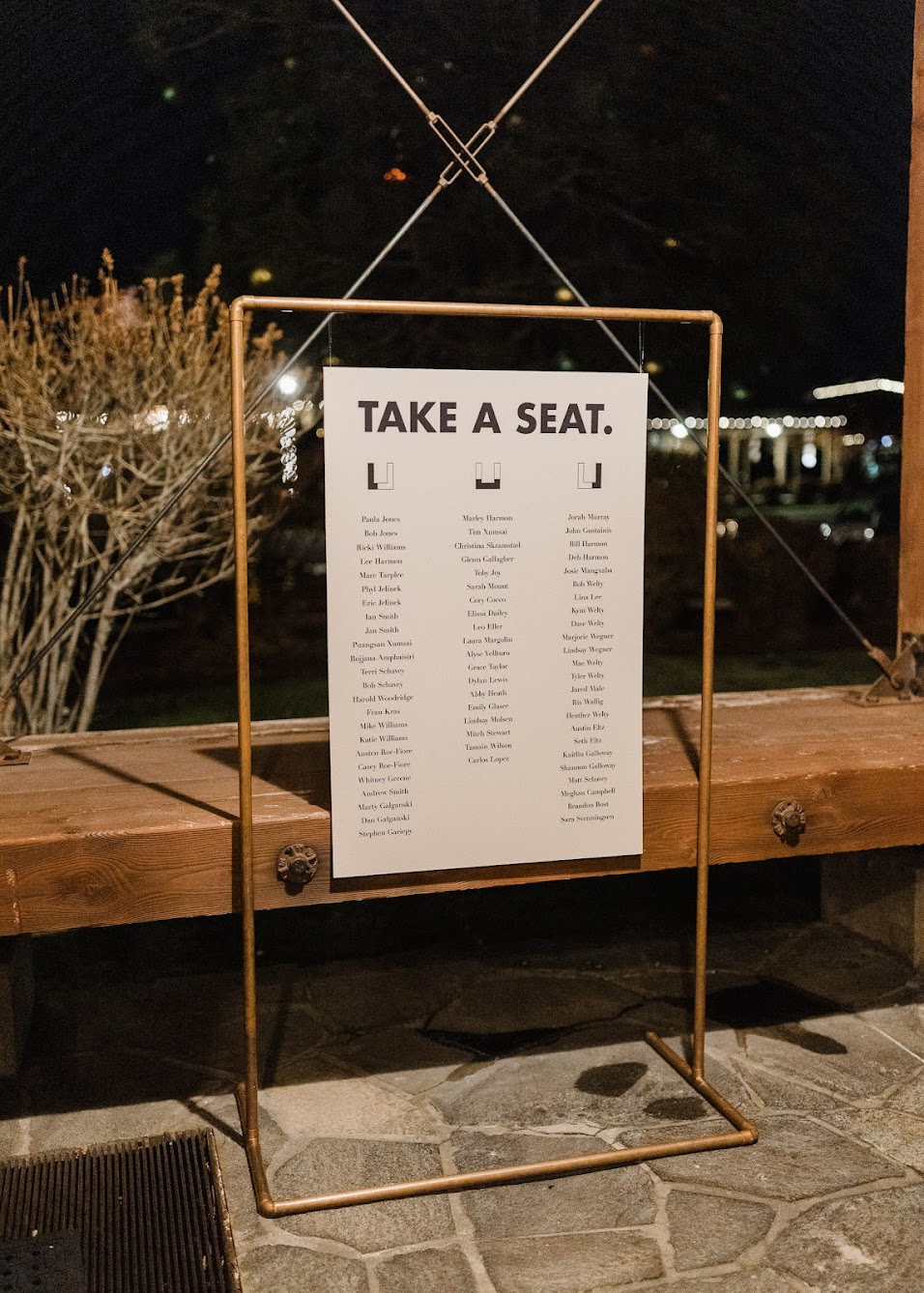 seating chart sign, with copper frame