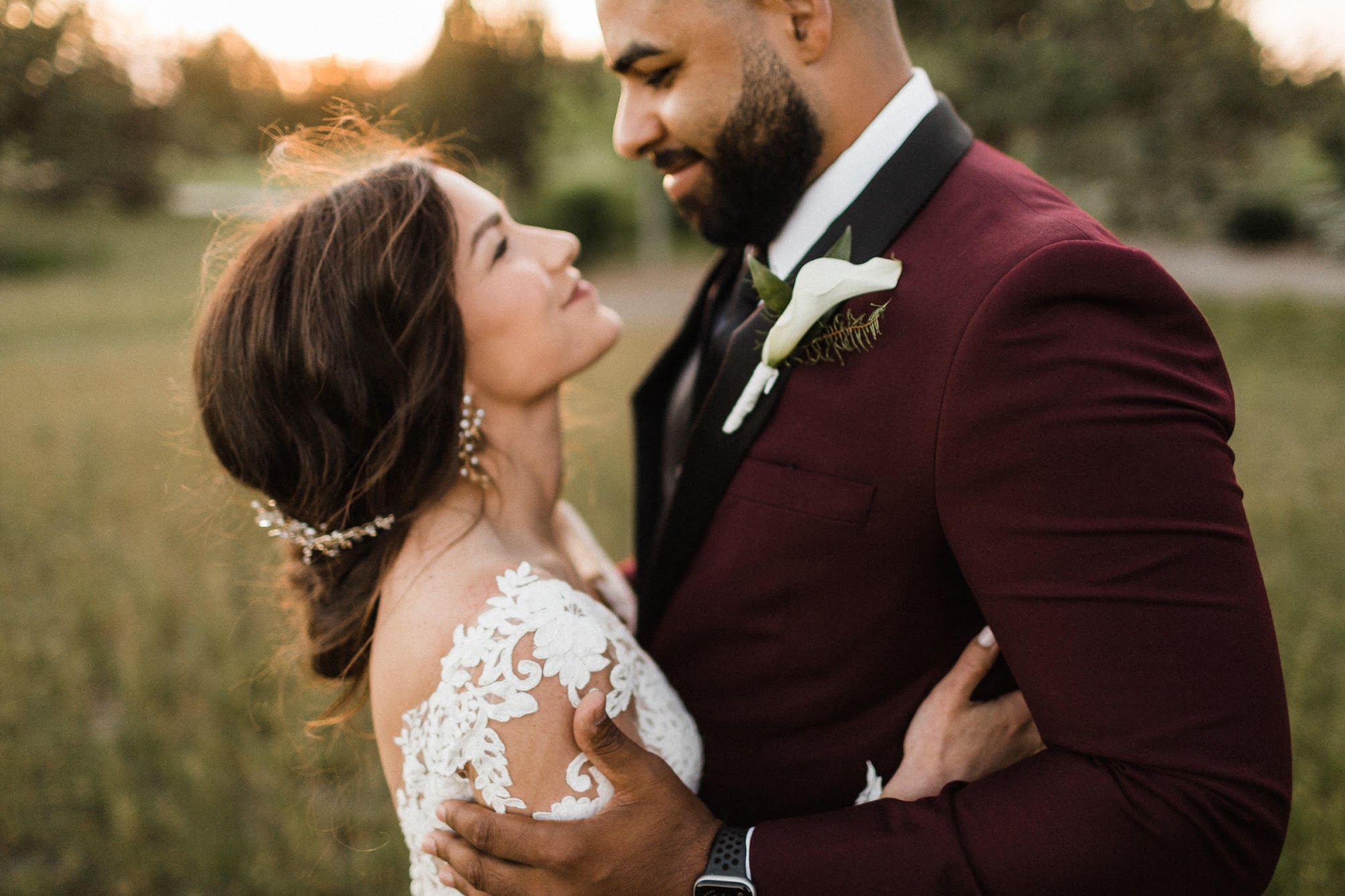 up close of the bride and groom looking at each other