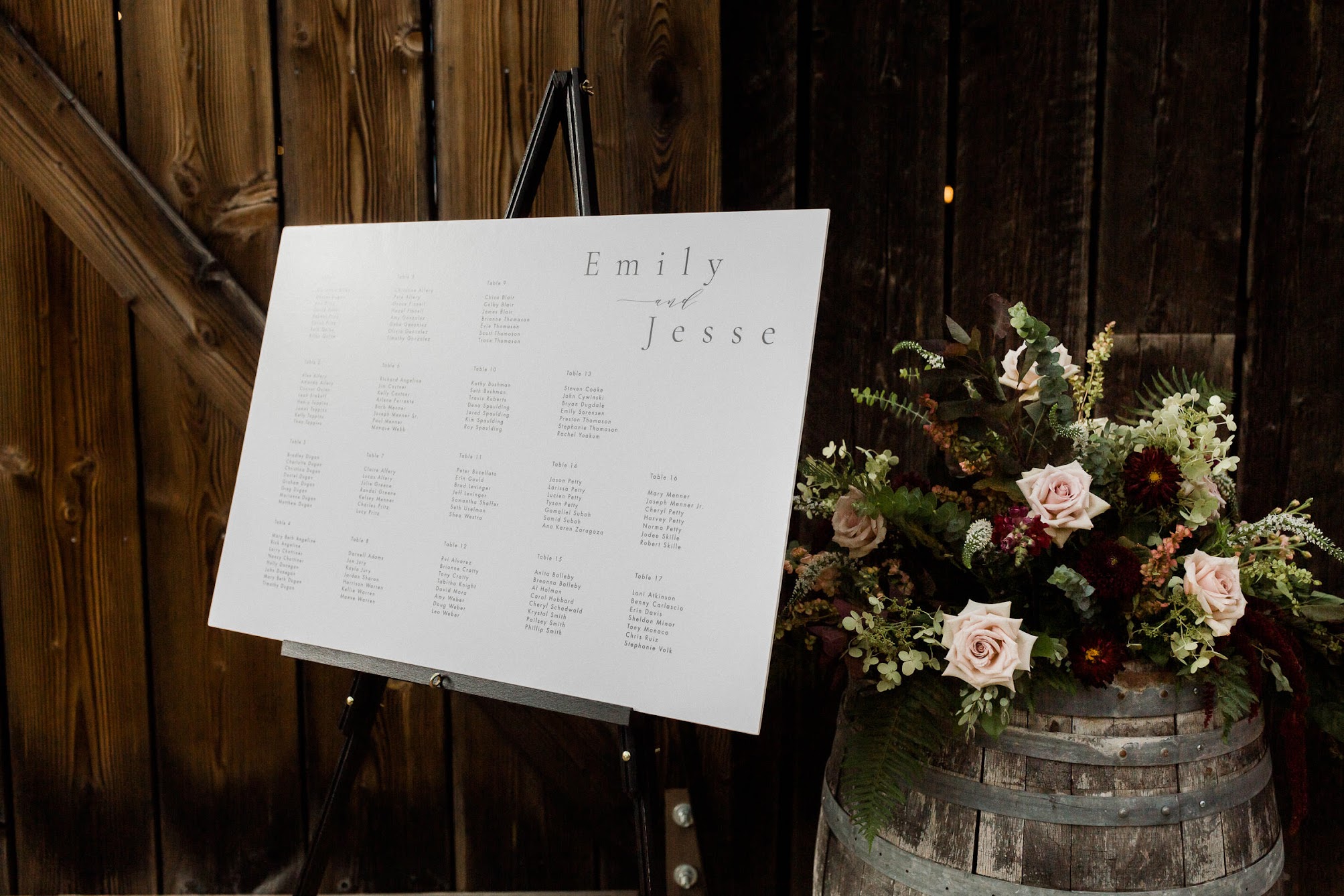 guests seating chart, next to a wine barrel that has florals on top of it.