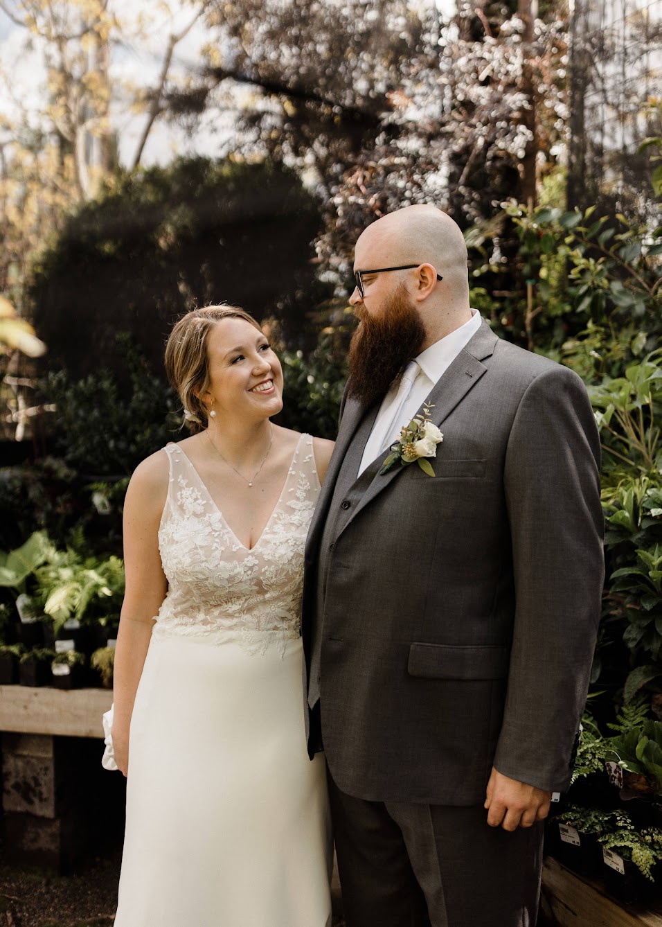  bride and groom, who are looking at each other lovingly. 