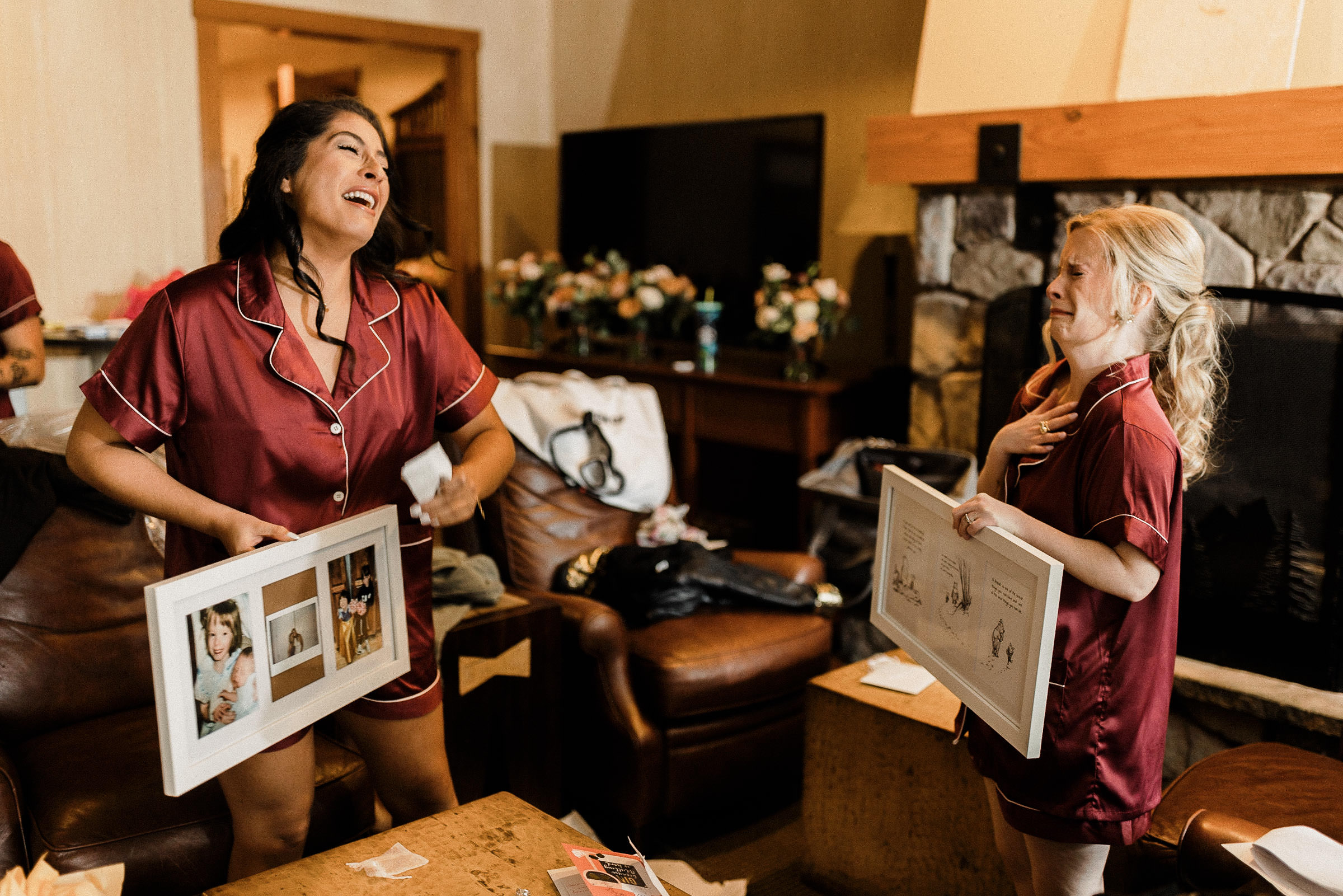 Bridesmaids have emotional reactions to framed photos of bride as a child