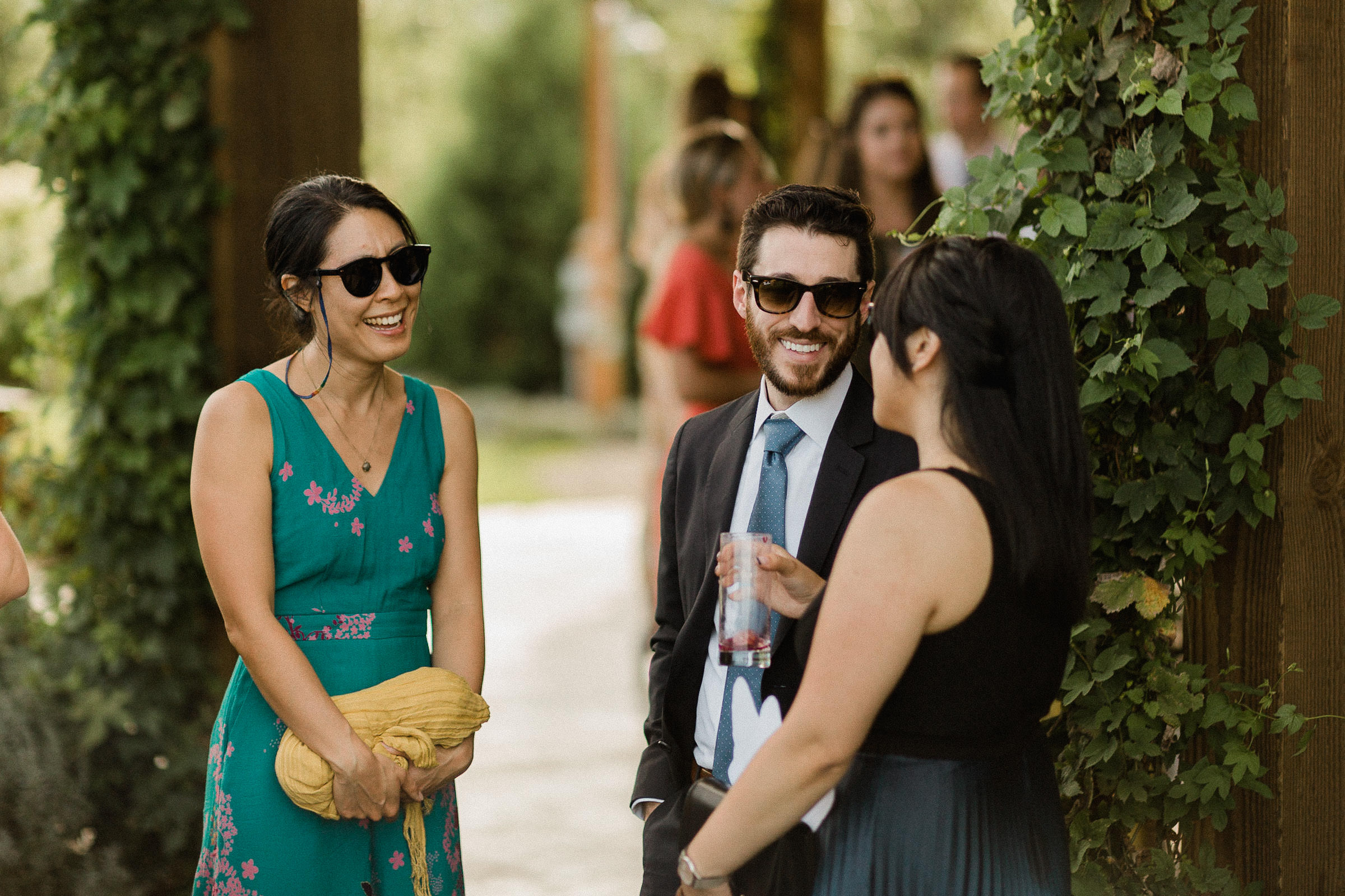 Three wedding guests mingle