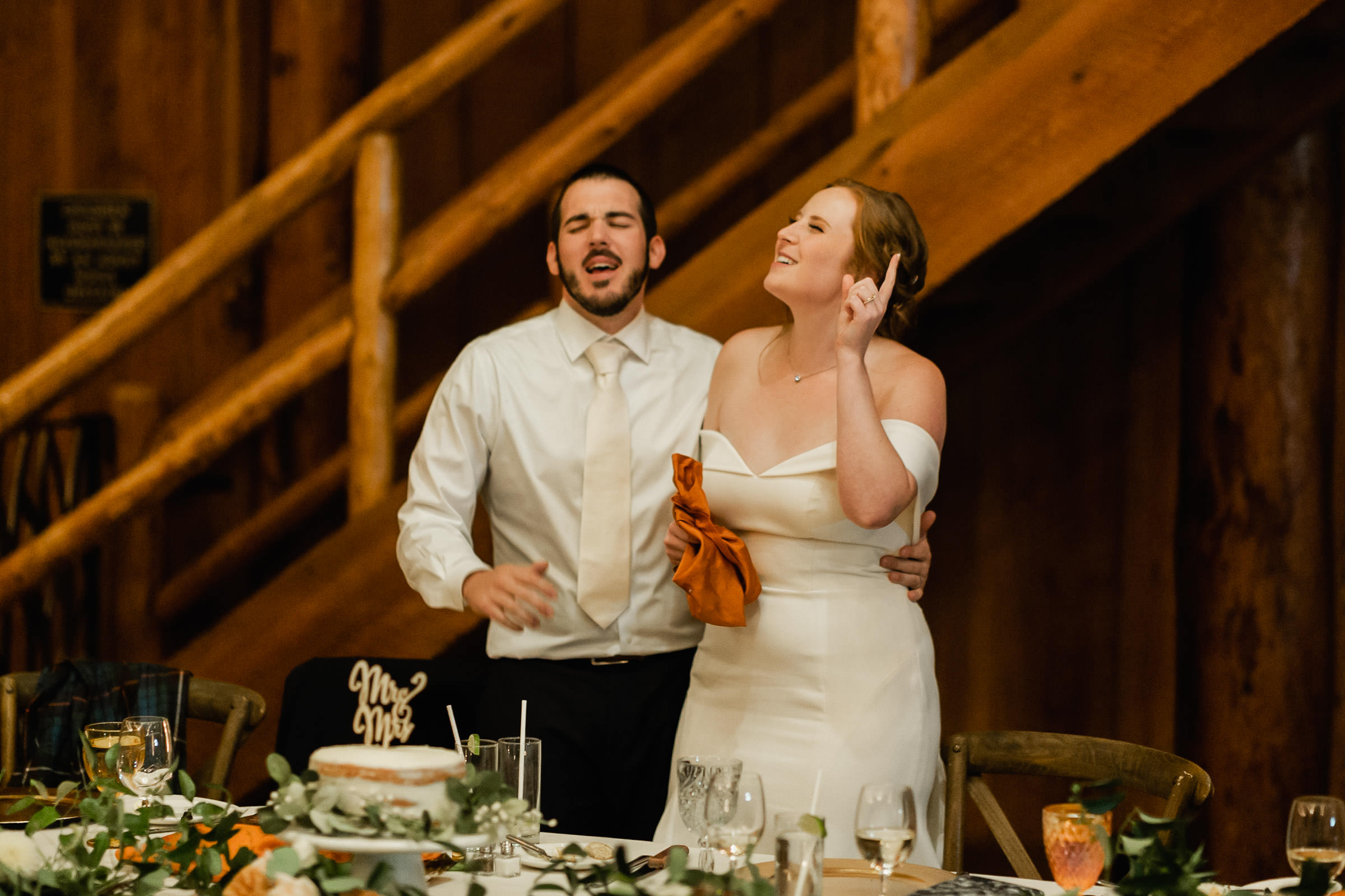 Bride and groom sing along to a song together